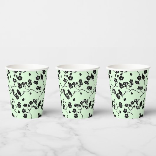 Vogels op Cherry Blossom Black op Mint Green Papieren Bekers (Multi)