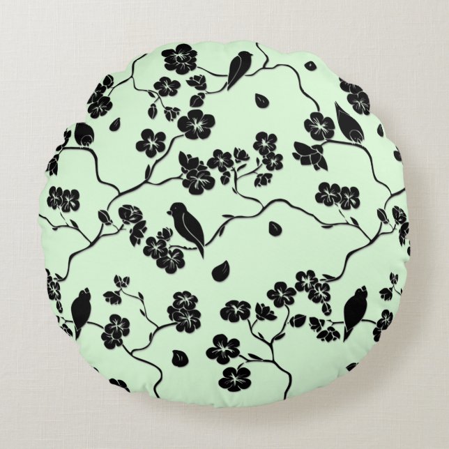 Vogels op Cherry Blossom Black op Mint Green Rond Kussen (Voorkant)
