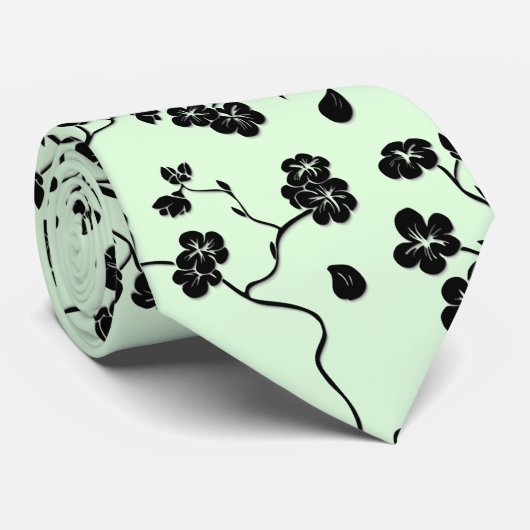 Vogels op Cherry Blossom Black op Mint Green Stropdas (Opgerold)