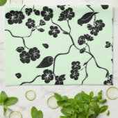 Vogels op Cherry Blossom Black op Mint Green Theedoek (Gevouwen)