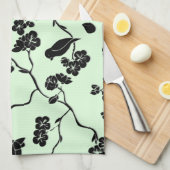 Vogels op Cherry Blossom Black op Mint Green Theedoek (Quarter Fold)