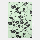 Vogels op Cherry Blossom Black op Mint Green Theedoek (Verticaal)