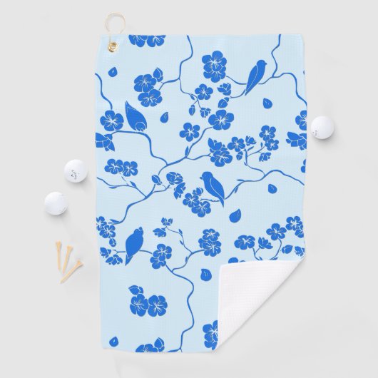Vogels op Cherry Blossom Blue op Blue Golfhanddoek (Insitu)