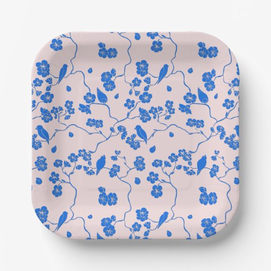 Vogels op Cherry Blossom Blue op Blush Papieren Bordje (Voorkant)