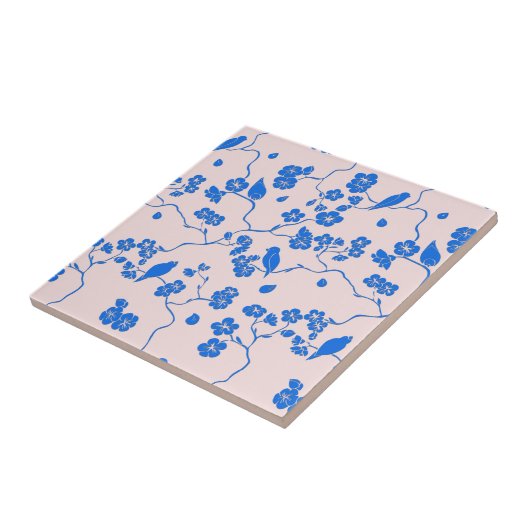 Vogels op Cherry Blossom Blue op Blush Tegeltje (Zijkant)