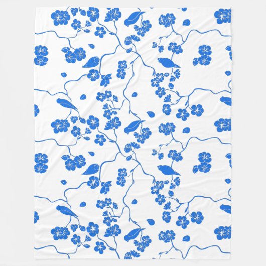 Vogels op Cherry Blossom Blue Print Fleece Deken (Voorkant)
