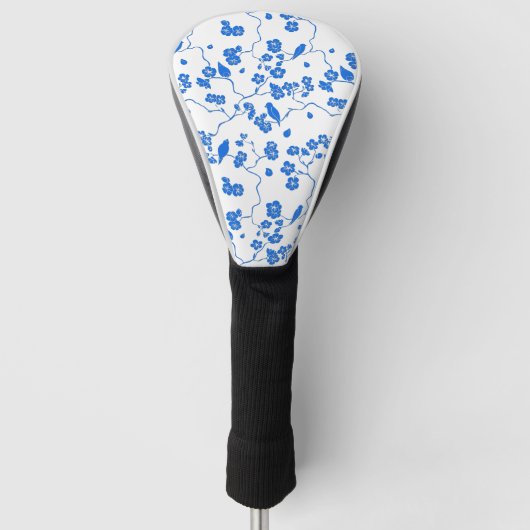 Vogels op Cherry Blossom Blue Print Golfheadcover (Voorkant)