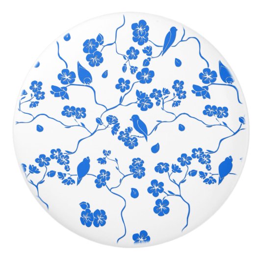 Vogels op Cherry Blossom Blue Print Keramische Knop (Voorkant)