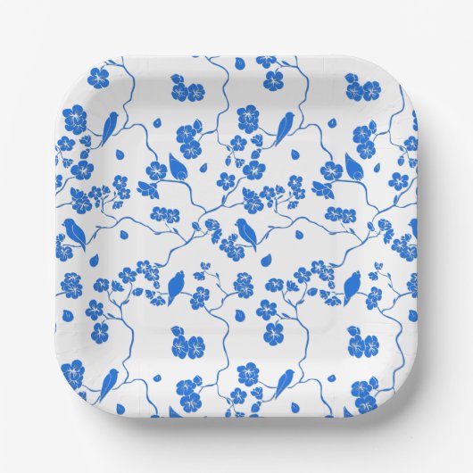 Vogels op Cherry Blossom Blue Print Papieren Bordje (Voorkant)