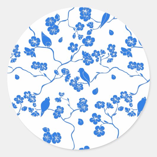 Vogels op Cherry Blossom Blue Print Ronde Sticker (Voorkant)
