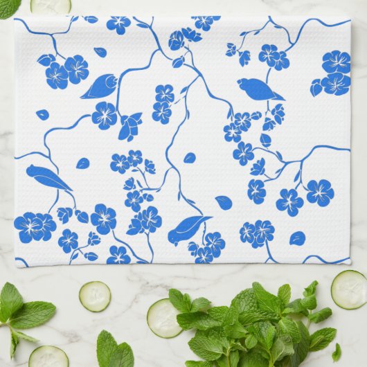Vogels op Cherry Blossom Blue Print Theedoek (Gevouwen)