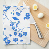 Vogels op Cherry Blossom Blue Print Theedoek (Quarter Fold)