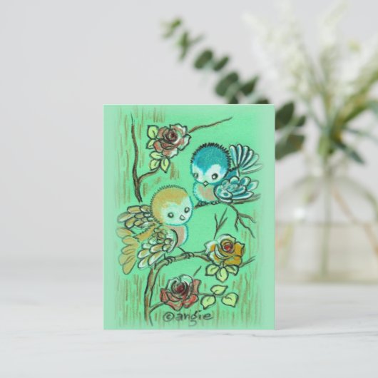 Vogels op de Struik van het Roos Briefkaart (Staand voorkant)