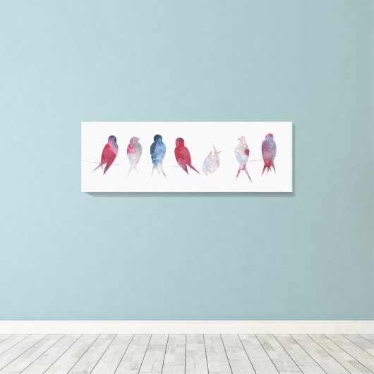 Vogels op draad Panoramisch canvas print 36x12 inc (Insitu (Houten vloer))