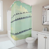 Vogels op draden,  blauwe lucht. douchegordijn (In situ)