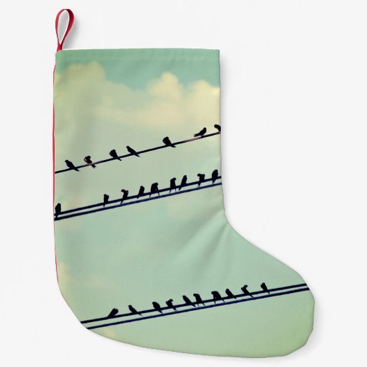 Vogels op draden,  blauwe lucht. kleine kerstsok (Voorkant)