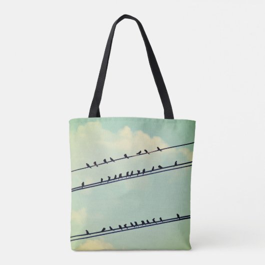 Vogels op draden,  blauwe lucht. tote bag (Achterkant)