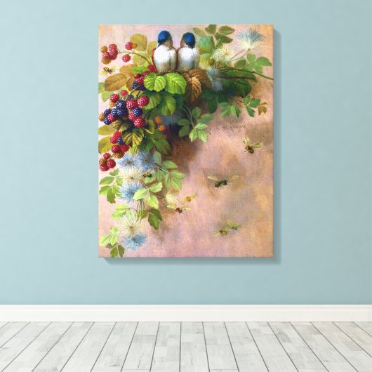 Vogels op een Berry Vine Canvas Afdruk (Insitu (Houten vloer))