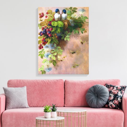 Vogels op een Berry Vine Canvas Afdruk (Insitu (Woonkamer))