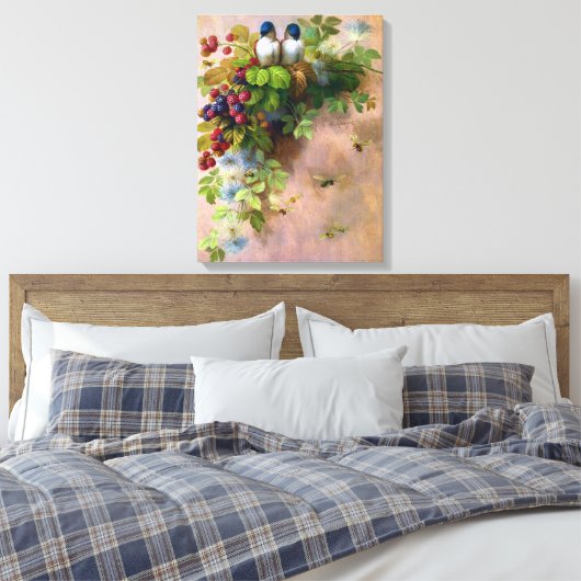 Vogels op een Berry Vine Canvas Afdruk (Insitu (Slaapkamer))
