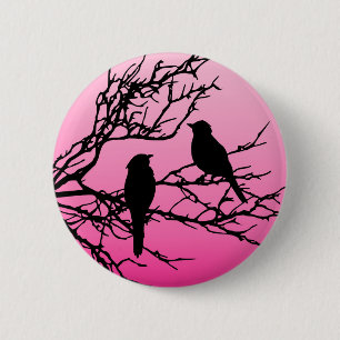 Vogels op een bijkantoor, zwart tegen zonnesroze ronde button 5,7 cm