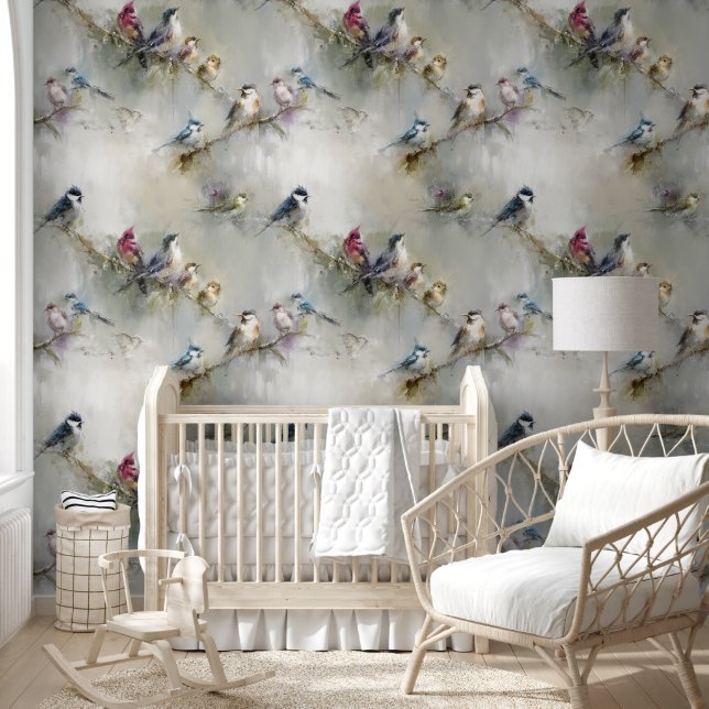Vogels op een Branch 2 olieverfschilderij Behang (Kinderen)