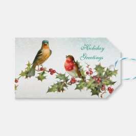  vogels op een Holly Branch Gift Label Cadeaulabel