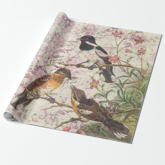 vogels op filialen en muziek cadeaupapier (Uitgerold)