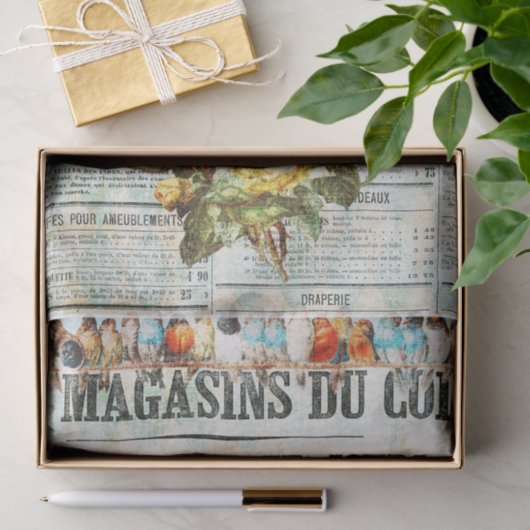 Vogels op Franse nieuwsdruk Tissuepapier (Geschenk)