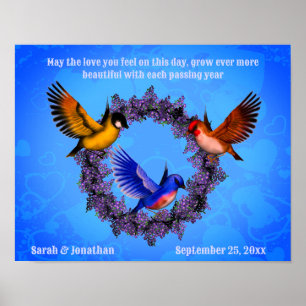 Vogels op krans gepersonaliseerd huwelijksgeschenk poster