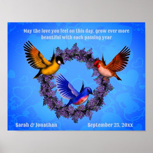 Vogels op krans gepersonaliseerd huwelijksgeschenk poster (Voorkant)