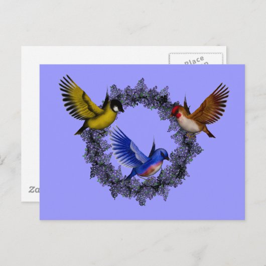 Vogels op Paarse bloemenkrans Briefkaart (Voorkant / Achterkant)
