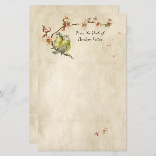  vogels op perzikbomen op perkament met naam briefpapier (Voorkant / Achterkant)