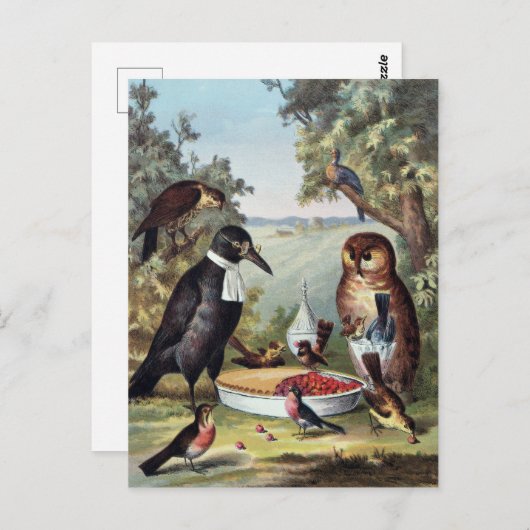 vogels op picknick, schilderij, voortplanting, briefkaart (Voorkant / Achterkant)