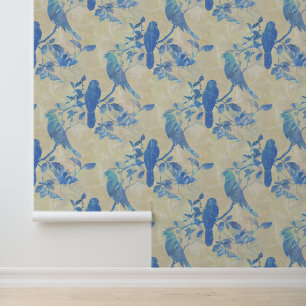 Vogels op takken en bladeren Ivory Blue Wallpaper Behang