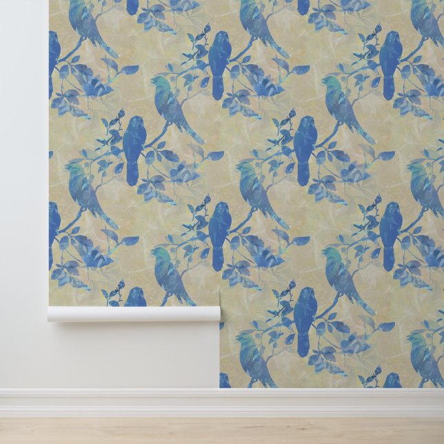 Vogels op takken en bladeren Ivory Blue Wallpaper Behang (Applicatie)