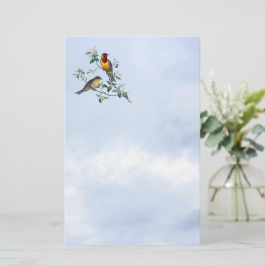 Vogels op takken van de bloeiende boom, borstkop briefpapier (Staand voorkant)