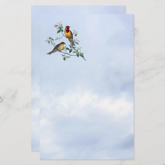 Vogels op takken van de bloeiende boom, borstkop briefpapier (Voorkant / Achterkant)