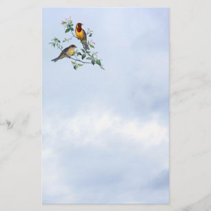 Vogels op takken van de bloeiende boom, borstkop briefpapier