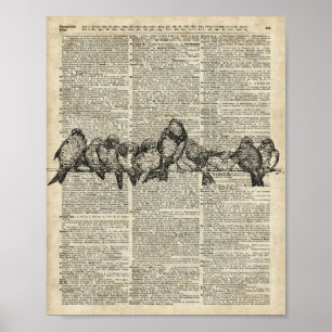 Vogels op vertakkingsplaat  boven de oude boekpagi poster