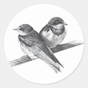 VOGELS OP WIRE: BABIES: PENCIL ARTWORK RONDE STICKER