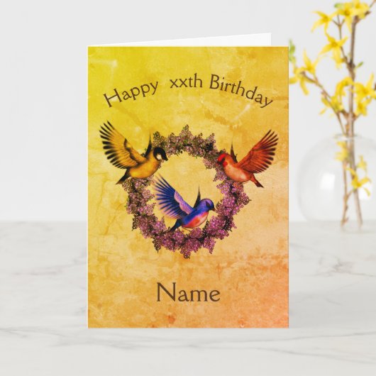 Vogels op Wreats Personalized Birthday Kaart (Gele Bloem)