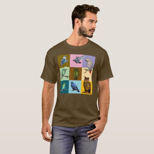 VOGELS, papegaaien, uil, duiven, kookaburra T-shirt (Voorkant volledig)