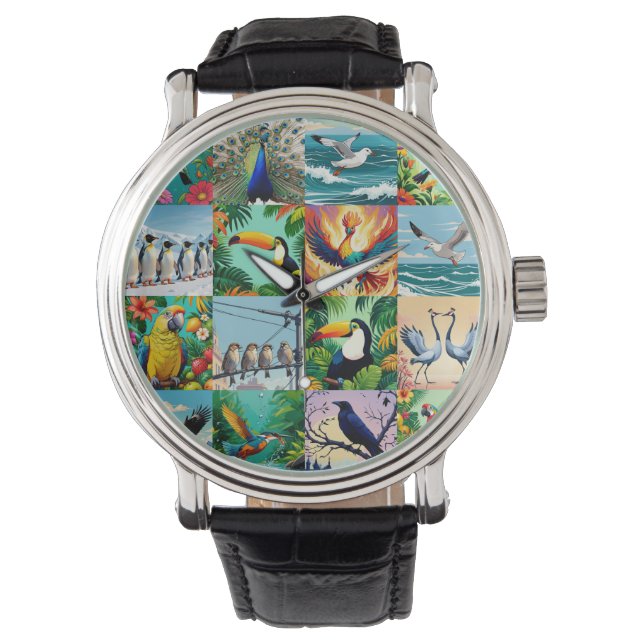 Vogels Patchwork Patroon  Horloge (Voorkant)