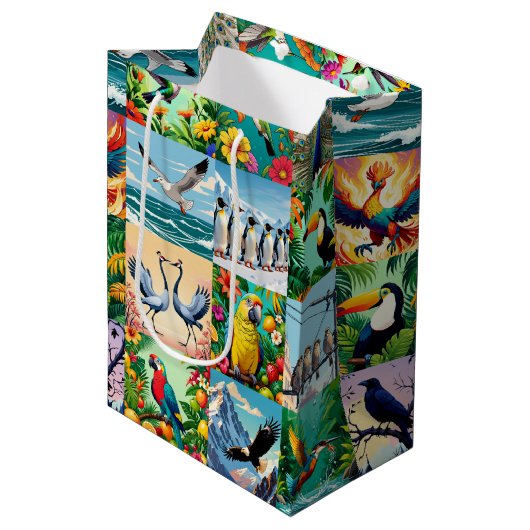 Vogels Patchwork Patroon Medium Cadeauzakje (Voorkant Gekanteld)