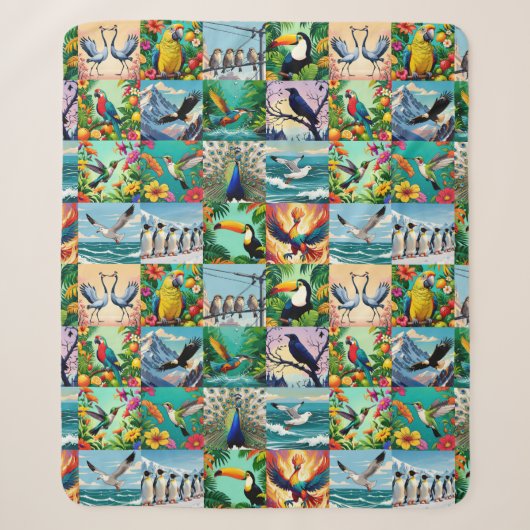 Vogels Patchwork Patroon Sherpa Deken (Voorkant)