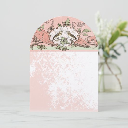  Vogels Perzik Eiken Boom Scroll Bruiloft Kaart (Staand voorkant)