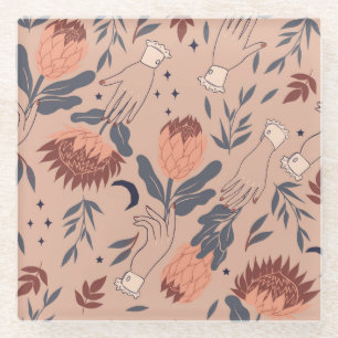 Vogels & Proteas: Vintage Hand Graphics Glazen Onderzetter