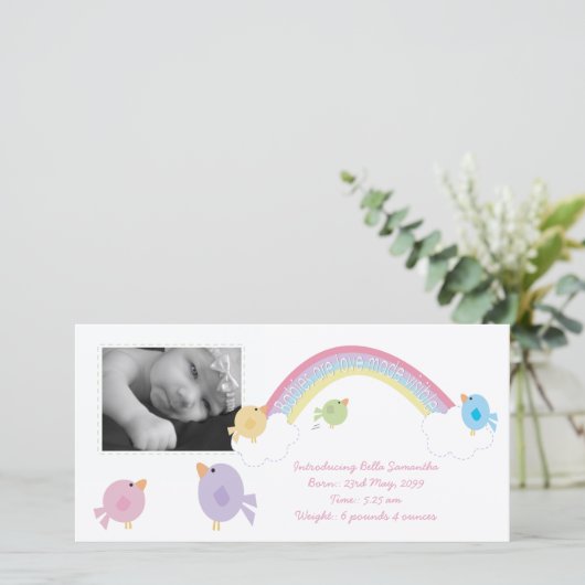 Vogels & Regenboog Geboorteaankondiging Baby Foto Aankondiging (Staand voorkant)