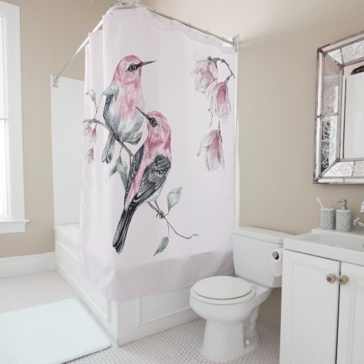 Vogels & Roze Bloemen in Waterverf Douchegordijn (In situ)